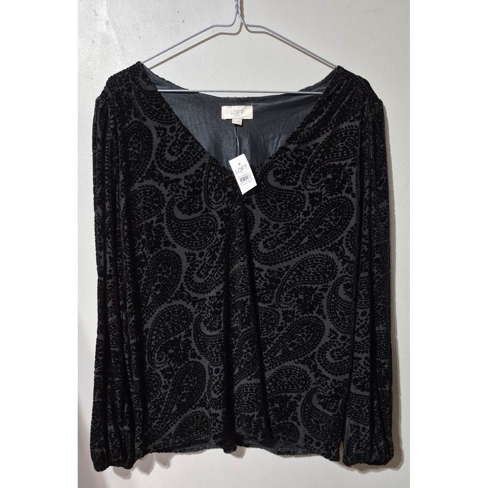 Loft Outlet Black Paisley Burnout Velvet V-Neck Blouse NWT Large